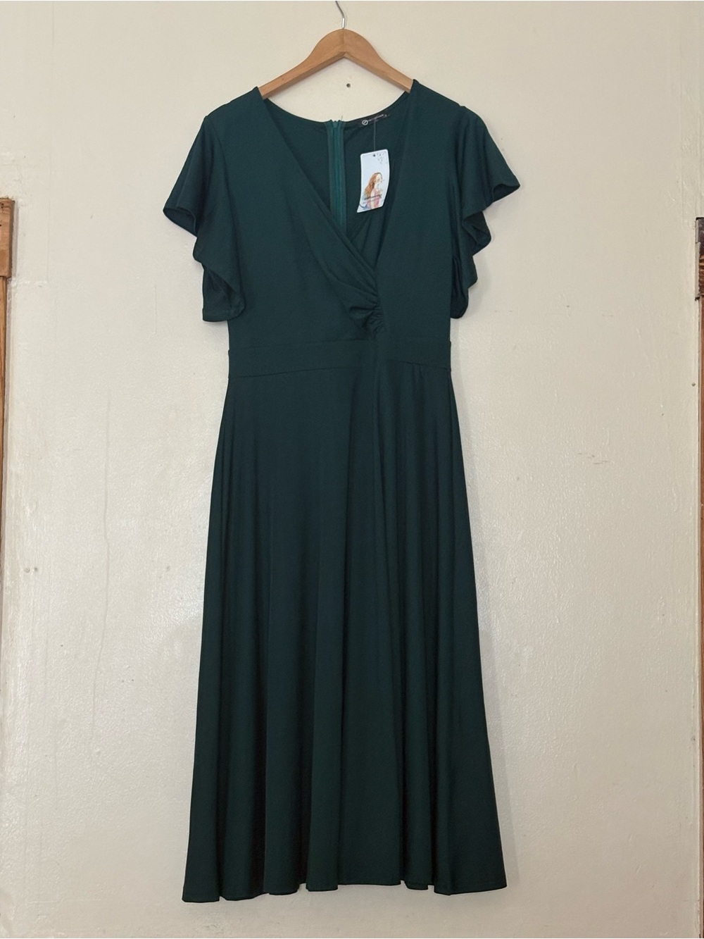 Knot-Front Dark Green Long-Sleeve Wrap Midi Dress